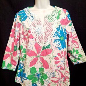 Talbots Petites Tunic Top Lilly-Like Hawaiian Floral Lace  Sp